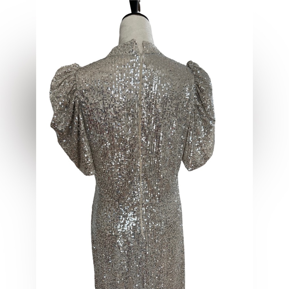 H&M Holiday Collection grey silver puff sleeves midi sequin sparkle dress - Picture 9 of 10